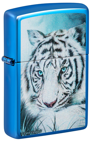Front view of ˫ Carol Cavalaris High Polish Blue Windproof Lighter standing at a 3/4 angle.